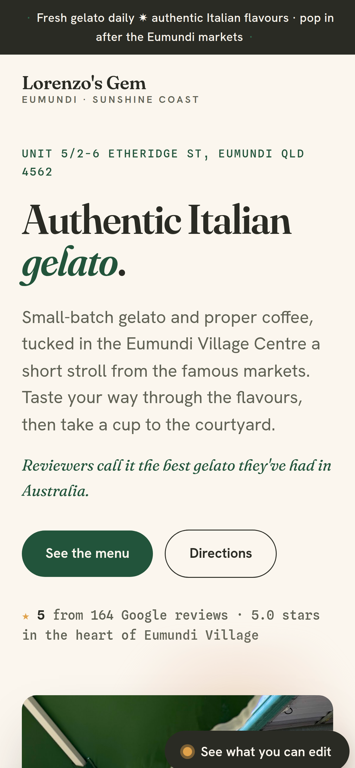 A Servery café site on a phone: Lorenzo's Gem gelato bar, Eumundi